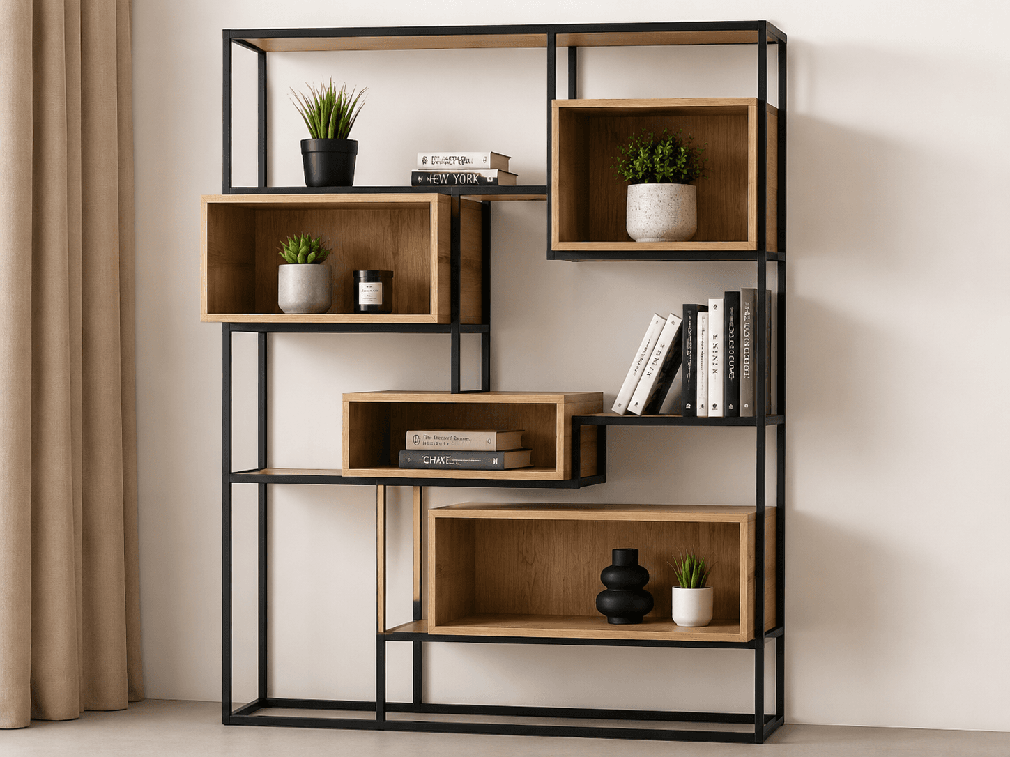 استند کتابخانه و دکوری فلزی به همراه باکس چوبی فلز مشکی باکس طرح چوب